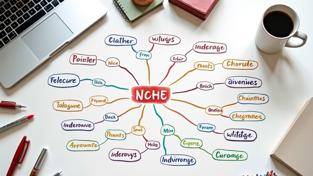 A colorful mind map of niche blog topics and keywords scattered on a desk with a laptop and coffee mug nearby.